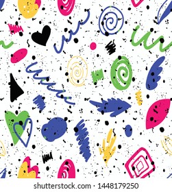 Seamless Endless Hand Drawn Abstract Multi Color Geometric Shapes and Ink Stains Vector Pattern Isolated Background