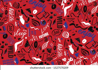Seamless Endless Hand Drawn Abstract Street Wall Graffiti Words Slogans Vector Pattern Isolated Background