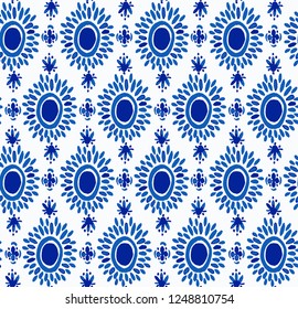 Seamless Endless Hand Drawn Blue Ikat Vector Pattern Isolated Background