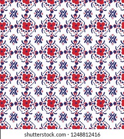 Seamless Endless Hand Drawn Blue and Red Ikat Floral Flower Geometric Shapes Vector Pattern Isolated Background