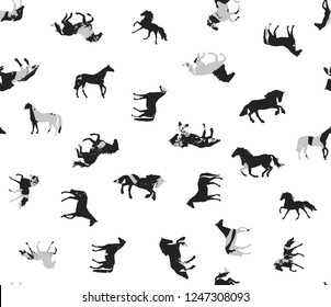 Seamless Endless Hand Drawn Monochrome Horses Vector Pattern with Brush Strokes Isolated Background