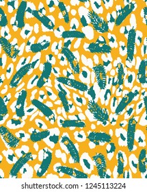 Seamless Endless Hand Drawn Vector Leopard and Tropical Leaves Pattern Isolated Background