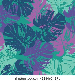 Seamless Endless Hand Painting Watercolor Abstract Geometric Tropical Leaves Pattern Tie Dye Gradient Isolated Background Purple Continuous Color Flora Textile Wallpaper.