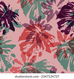 Seamless Endless Hand Painting Watercolor Abstract Geometric Tropical Leaves Pattern Tie Dye Gradient Isolated Background Monstera pattern perfect for fabrics and decoration