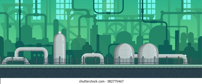 Seamless endless industrial postapocalyptic game environment illustration with pipes and machinery siloettes. Separated layers for game development.