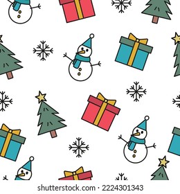 Seamless endless New Year's Christmas pattern: snowman, gifts, snowflakes, Christmas tree colored vector illustration on a white background. Cute pattern for print on clothes, wrapping paper, web back
