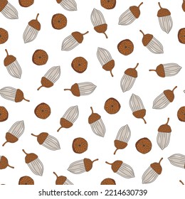 Seamless endless pattern of acorns.  Realistic hand drawn vector Illustration. Autumn harvest.