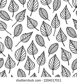 Seamless endless pattern with autumn leaves in doodle style. Autumn background drawn with a line. Ornament with graphic leaves.