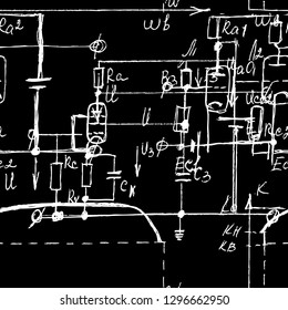 Seamless endless pattern background with handwritten mathematical formulas, math relationship or rules expressed in symbols, various operations such as addition, subtraction, multiplication, division