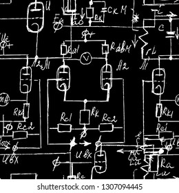 Seamless endless pattern background with handwritten mathematical formulas, math relationship or rules expressed in symbols, various operations such as addition, subtraction, multiplication, division