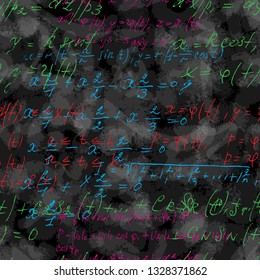 Seamless endless pattern background with handwritten mathematical formulas, math relationship or rules expressed in symbols, various operations such as addition, subtraction, multiplication, division