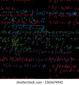 Seamless endless pattern background with handwritten mathematical formulas, math relationship or rules expressed in symbols, various operations such as addition, subtraction, multiplication, division