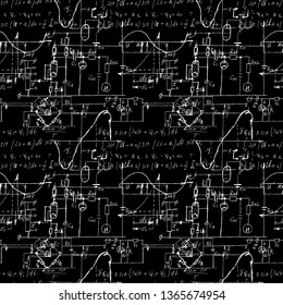 Seamless endless pattern background with handwritten mathematical formulas, math relationship or rules expressed in symbols, various operations such as addition, subtraction, multiplication, division