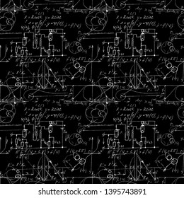 Seamless endless pattern background with handwritten mathematical formulas, math relationship or rules expressed in symbols, various operations such as addition, subtraction, multiplication, division