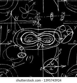 Seamless endless pattern background with handwritten mathematical formulas, math relationship or rules expressed in symbols, various operations such as addition, subtraction, multiplication, division