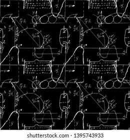 Seamless endless pattern background with handwritten mathematical formulas, math relationship or rules expressed in symbols, various operations such as addition, subtraction, multiplication, division