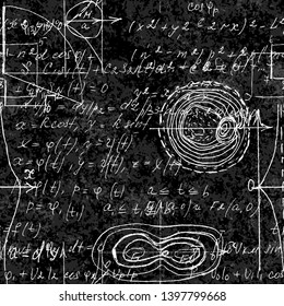 Seamless endless pattern background with handwritten mathematical formulas, math relationship or rules expressed in symbols, various operations such as addition, subtraction, multiplication, division