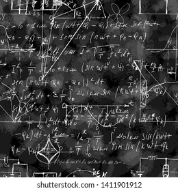 Seamless endless pattern background with handwritten mathematical formulas, math relationship or rules expressed in symbols, various operations such as addition, subtraction, multiplication, division