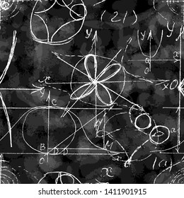 Seamless endless pattern background with handwritten mathematical formulas, math relationship or rules expressed in symbols, various operations such as addition, subtraction, multiplication, division