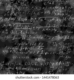 Seamless endless pattern background with handwritten mathematical formulas, math relationship or rules expressed in symbols, various operations such as addition, subtraction, multiplication, division