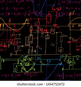 	
Seamless endless pattern background with handwritten mathematical formulas, math relationship or rules expressed in symbols, various operations. Addition, subtraction, multiplication, division.