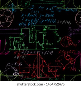 	
Seamless endless pattern background with handwritten mathematical formulas, math relationship or rules expressed in symbols, various operations. Addition, subtraction, multiplication, division.