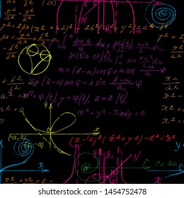 	
Seamless endless pattern background with handwritten mathematical formulas, math relationship or rules expressed in symbols, various operations. Addition, subtraction, multiplication, division.