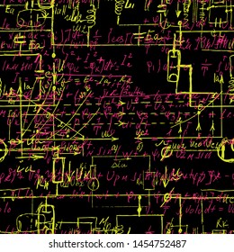 	
Seamless endless pattern background with handwritten mathematical formulas, math relationship or rules expressed in symbols, various operations. Addition, subtraction, multiplication, division.