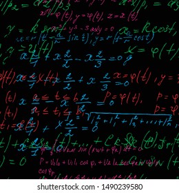 Seamless endless pattern background with handwritten mathematical formulas, math relationship or rules expressed in symbols, various operations such as addition, subtraction, multiplication, division