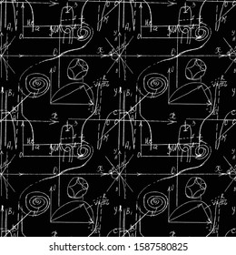 Seamless endless pattern background with handwritten mathematical formulas, math relationship or rules expressed in symbols, various operations such as addition, subtraction, multiplication, division
