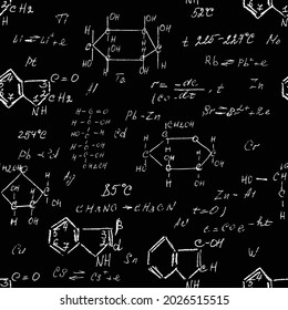 Seamless endless pattern background with handwritten chemistry formulas, chemical relationship or rules expressed in symbols, various matter, compounds, composed of atoms, molecules and ions. Vector.