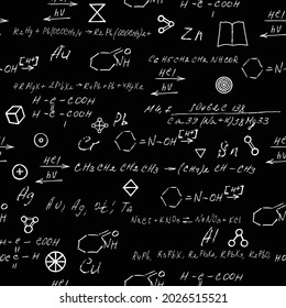 Seamless endless pattern background with handwritten chemistry formulas, chemical relationship or rules expressed in symbols, various matter, compounds, composed of atoms, molecules and ions. Vector.