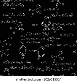 Seamless endless pattern background with handwritten chemistry formulas, chemical relationship or rules expressed in symbols, various matter, compounds, composed of atoms, molecules and ions. Vector.