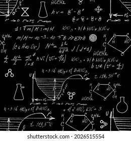 Seamless endless pattern background with handwritten chemistry formulas, chemical relationship or rules expressed in symbols, various matter, compounds, composed of atoms, molecules and ions. Vector.