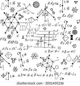 Seamless endless pattern background with handwritten chemistry formulas, chemical relationship or rules expressed in symbols, various matter, compounds, composed of atoms, molecules and ions. Vector.