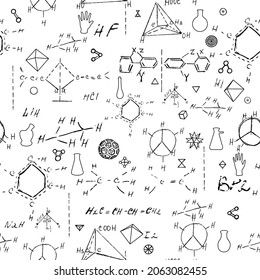 Seamless endless pattern background with handwritten chemistry formulas, chemical relationship or rules expressed in symbols, various matter, compounds, composed of atoms, molecules and ions. Vector.