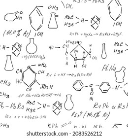 Seamless endless pattern background with handwritten chemistry formulas, chemical relationship or rules expressed in symbols, various matter, compounds, composed of atoms, molecules and ions. Vector.