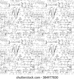Seamless endless pattern background with handwritten mathematical formulas, math relationship or rules expressed in symbols, various operations such as addition, subtraction, multiplication, division