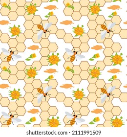 Seamless, endless pattern with bee, honey, marigold flower and honeycomb. Texture, fabric.
Hand drawn, colored design in cartoon style. Flat vector illustration, isolated objects.