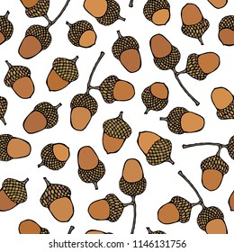 Seamless Endless Pattern of Brown Acorns. Autumn or Fall Vegetable Harvest Collection. Realistic Hand Drawn High Quality Vector Illustration. Doodle Style.