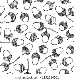 Seamless Endless Pattern of Brown Acorns. Autumn or Fall Vegetable Harvest Collection. Realistic Hand Drawn High Quality Vector Illustration. Doodle Style.