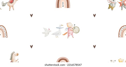 seamless, endless pattern with circus. Funny characters, trained animals on transport, jumping show, perfomance. Children's illustration, textile design, print on white background
