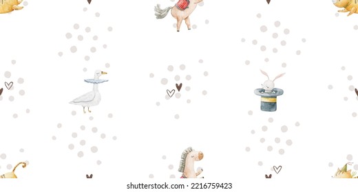 seamless, endless pattern with circus. Funny characters, trained animals on transport, jumping show, perfomance. Children's illustration, textile design, print on white background
