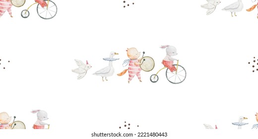 seamless, endless pattern with circus. Funny characters, trained animals on transport, jumping show, perfomance. Children's illustration, textile design, print on white background
