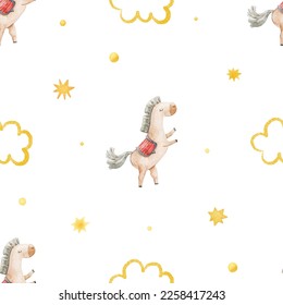 seamless, endless pattern with circus. Funny characters, trained animals on transport, jumping show, perfomance. Children's illustration, textile design, print on white background
