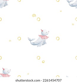 seamless, endless pattern with circus. Funny characters, trained animals on transport, jumping show, perfomance. Children's illustration, textile design, print on white background