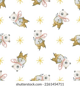 seamless, endless pattern with circus. Funny characters, trained animals on transport, jumping show, perfomance. Children's illustration, textile design, print on white background
