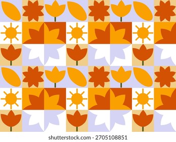 Seamless endless pattern of colorful bright squares, tiles with abstract flowers, sun, leaves