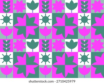 Seamless endless pattern of colorful bright squares, tiles with abstract flowers, sun, leaves