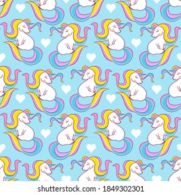 Seamless, endless pattern with colorful unicorns on white background, illustration for children, vector eps 10 format